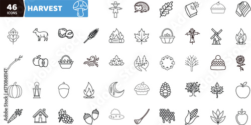 Harvest and Autumn Icons Set - Fall Season and Nature Vector Collection