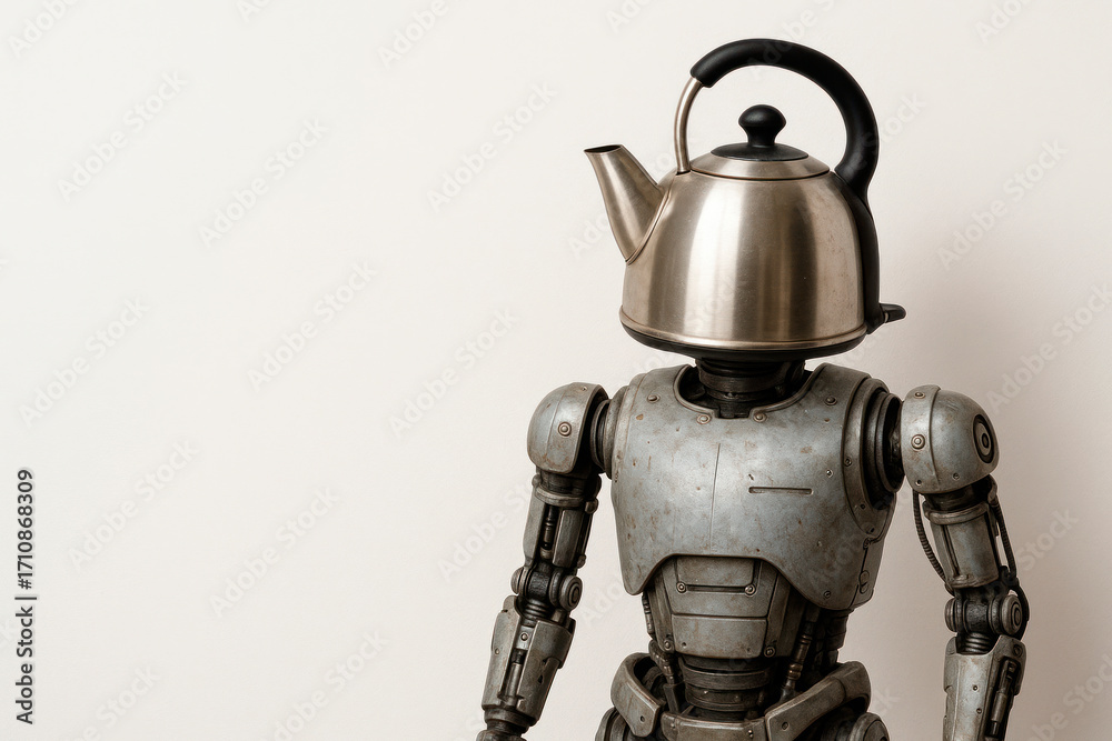 Naklejka premium A robot with a kettle instead of a head. Space for text.