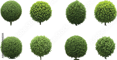Round bushy trees, stylized foliage, digital greenery, landscape elements, nature icons, game assets, cartoon trees, vibrant leaves, forest design, tree textures