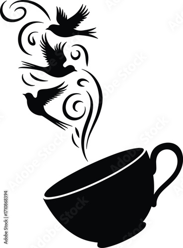 Birds flying out of a steaming teacup in a silhouette style