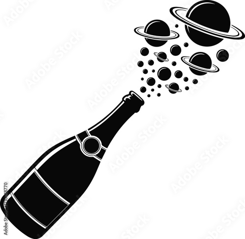 Champagne bottle releasing planets and stars silhouette
