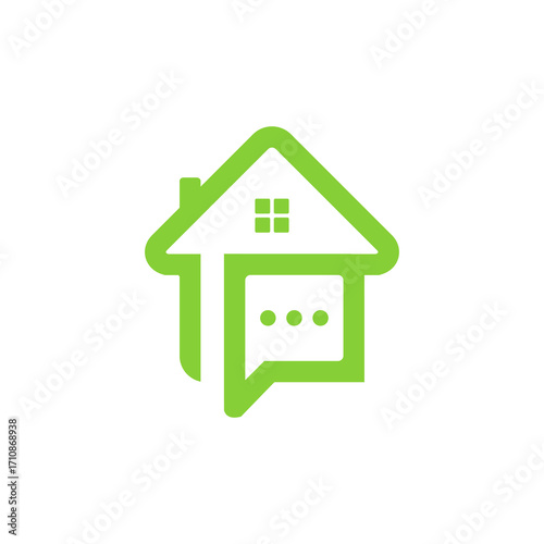 Green house icon with chat bubble, window, and chimney.