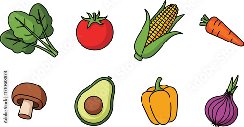 Vegetable and fruit illustration, fresh produce, healthy food, organic ingredients, kitchen prep, nutrition asset, cooking concept, colorful grid