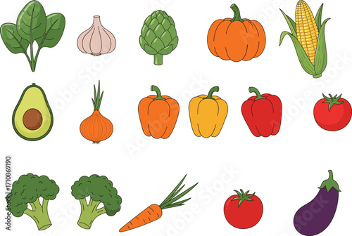 Vegetables and fruits illustration, fresh produce, healthy food, organic ingredients, kitchen prep, nutrition asset, colorful grid, cooking concept