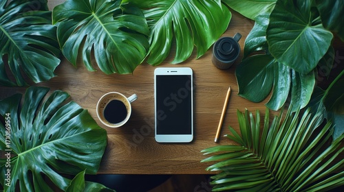 Tropical leaves surround phone, coffee, and pencil on wooden desk; ideal for technology, lifestyle blogs