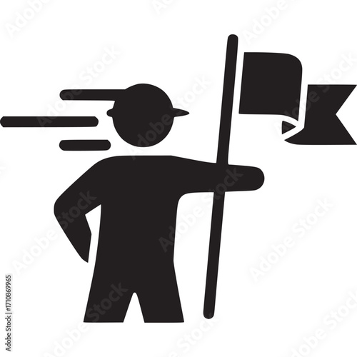 Person holding a flag and moving forward, isolated on white background