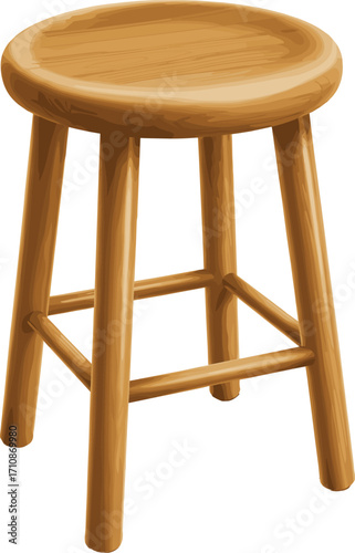 Wooden stool with round seat, four angled legs, natural grain texture, rustic furniture design, interior decor, handcrafted structure, home seating