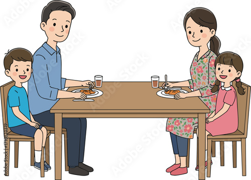 Cartoon family enjoying dinner together at home, parents and kids sharing meal, casual clothing, happy moment, colorful dining table scene