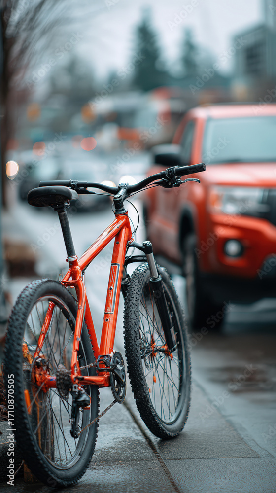 Obraz premium Urban street orange mountain bike parked car rainy day wet pavement city traffic commuter scene modern bicycle