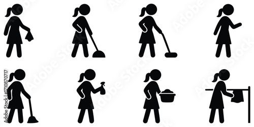 Stickman woman cleaning icons showing housework activities with broom, mop, laundry, and sweeping silhouette designs for chores