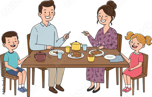Cartoon family enjoying meal together at home, parents and kids dining, smiling faces, colorful tableware, warm atmosphere, happy bonding moment