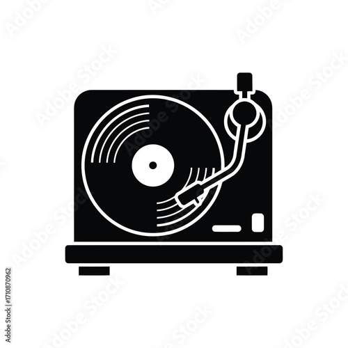 Vector art of a black silhouette of a vintage record player with a vinyl record playing
