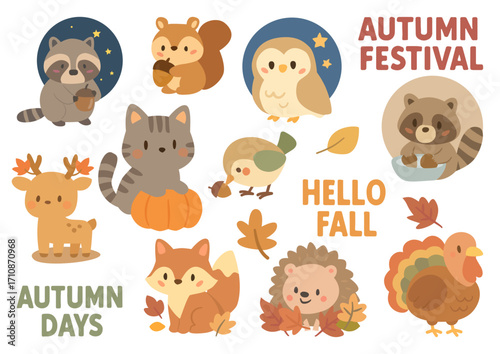 秋を楽しむ動物キャラクターセット、Autumn Animal Character Set