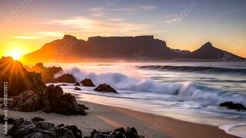 Stunning Cape Town Beach Sunrise with Table Mountain, Waves and Rocky Shoreline Beauty