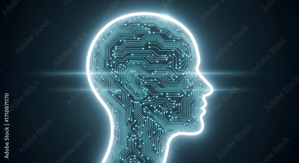 Obraz premium Human head outline with circuit board pattern symbolizing artificial intelligence on a dark background.