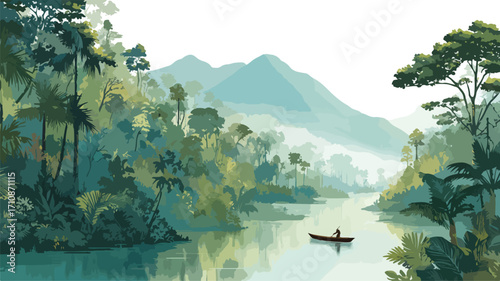 Panoramic Rainforest River Scene Vector Illustration