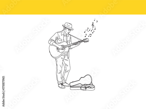 Detailed Line Art of a Musician Playing Acoustic Guitar with Open Guitar Case and Musical Notes in the Air