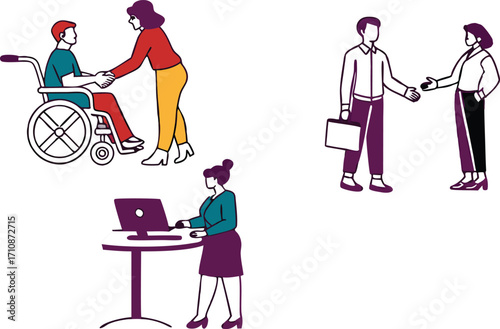 Inclusive workplace featuring diverse employees and accessibility, promoting teamwork and equal opportunity