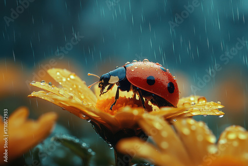 Ladybug on a rain-soaked flower.