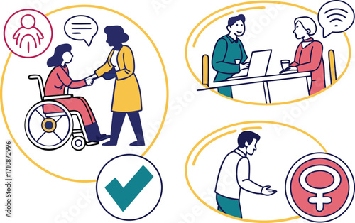 Inclusive team diversity and equity, showing people with disabilities and gender equality at work