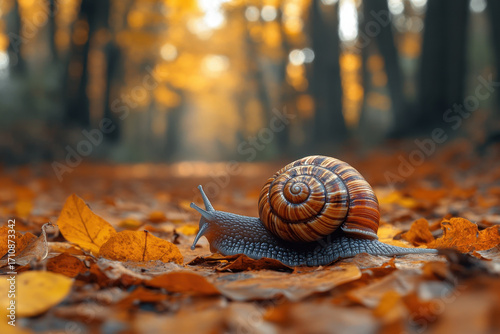 Snail crawling on leaves in woods.