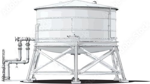 Modern Water Tower on Support Legs with Pipe for Industrial Infrastructure Design Concept