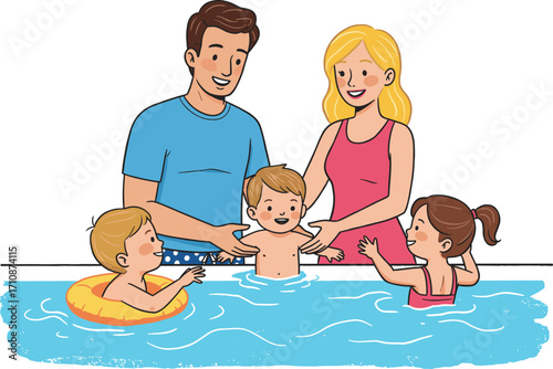 Cartoon family enjoying swimming pool, kids playing with float, parents bonding, summer fun, water activity, happiness, parenting, outdoor recreation, togetherness