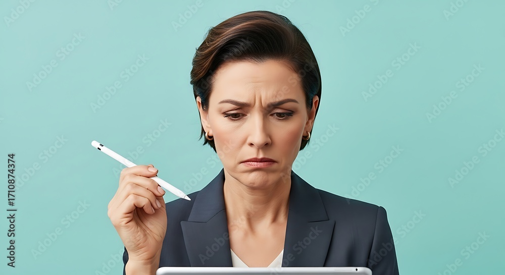 Obraz premium A woman with short brown hair and a dark suit looks down at a tablet with a pen in her hand, her face showing a look of concern or confusion.