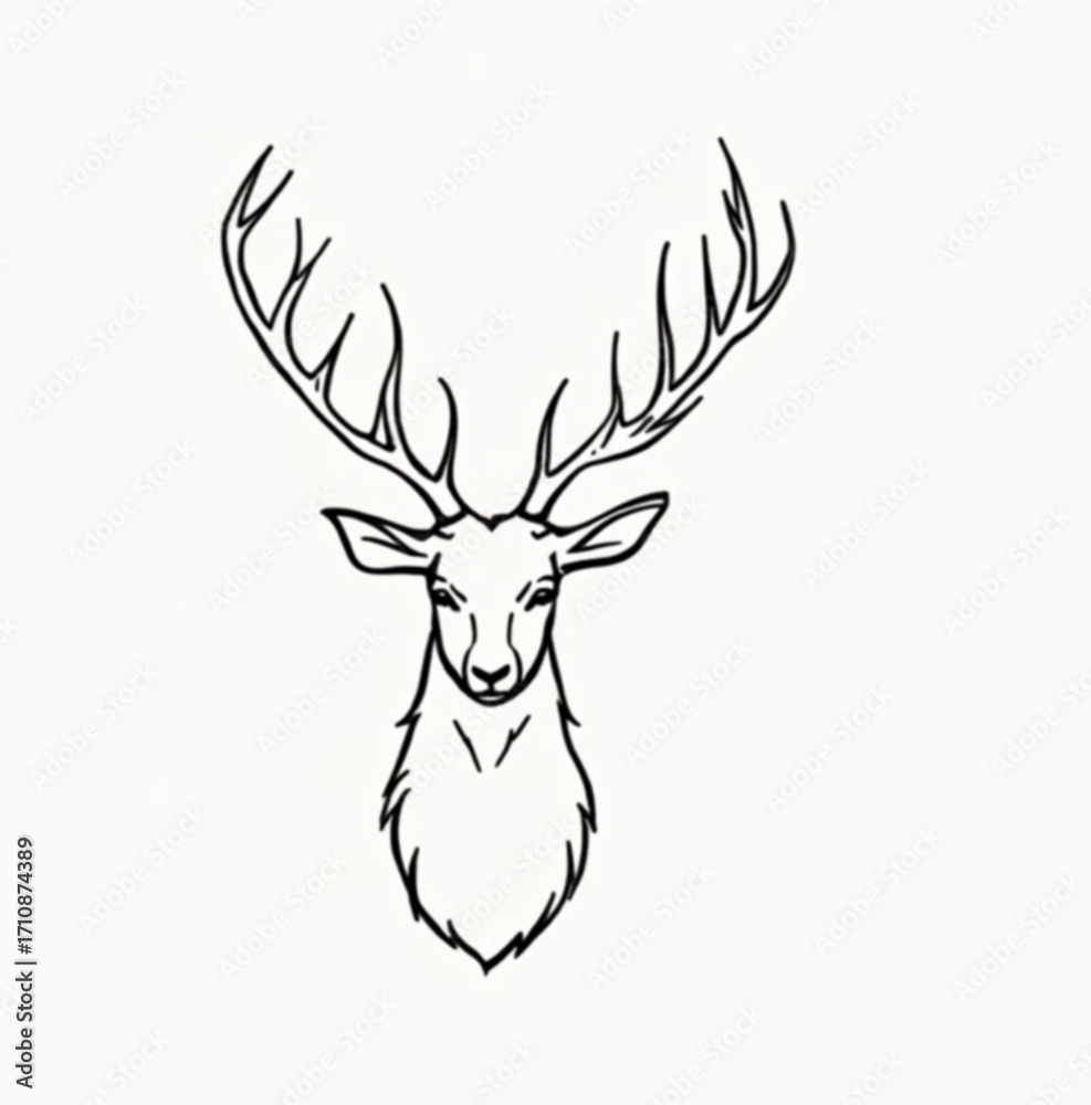 Naklejka premium Majestic Deer Portrait: A striking monochrome sketch portrays a deer's head, the grand antlers elegantly drawn, against a clean, unadorned backdrop.