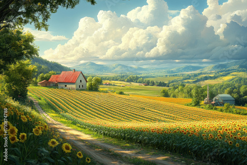 Sunflower field with distant barn.