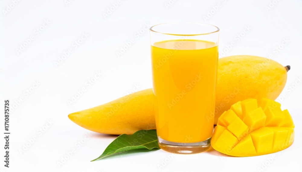Fototapeta premium Yellow Mango Juice in Glass Isolated on White Background for Tropical Beverage Object and Fresh Fruit Drink Concept