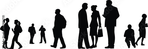 Dynamic crowd of people silhouettes walking, talking and gathered together as a group