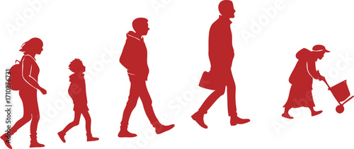 Life stages transition, walking through age, from youth to elderly, a generational journey concept