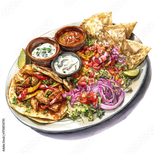 Watercolor vector illustration of Fajita Platter, isolated on white background.