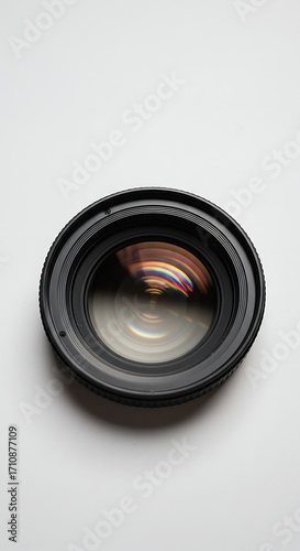 Professional camera lens captures vibrant light flares, perfect for photography concepts and tech innovation