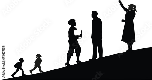 Career success path illustration showing upward mobility for diverse professionals, vector graphic