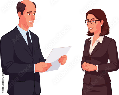 Professional business meeting, smiling man and woman in formal attire, corporate discussion, workplace communication, teamwork, office collaboration, positive interaction, white background