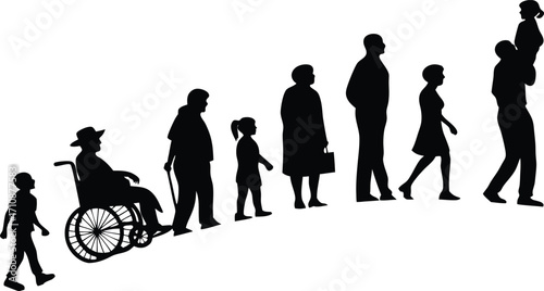 Life cycle stages in silhouette show growth through aging process, from infancy to old age