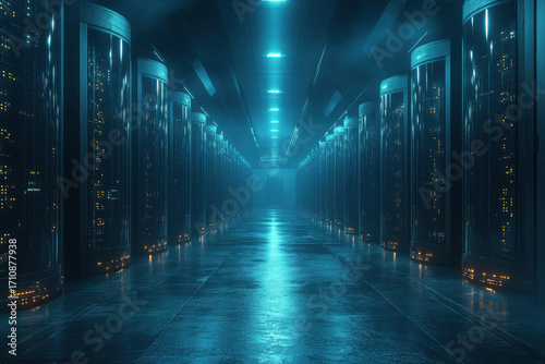 Rows of servers in a dark room.