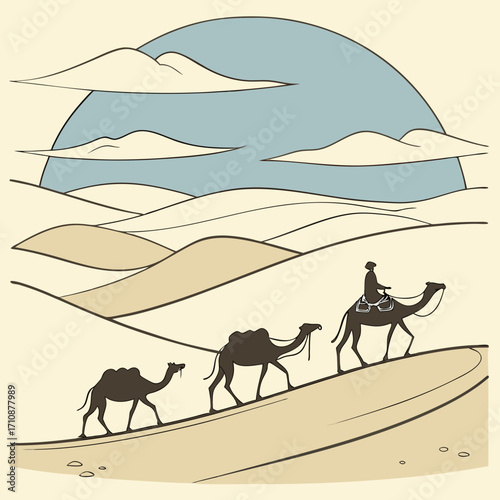 Illustration of a caravan of camels walking through the desert at sunset, with sand dunes and clouds in the background