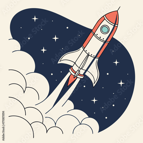 Illustration of a rocket ship taking off into space with stars and clouds, symbolizing ambition, innovation, and the pursuit of dreams and exploration