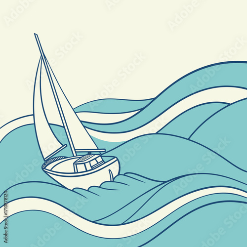 Illustration of a sailboat sailing on the sea with waves, the boat is white and the waves are blue, creating a simple and elegant design