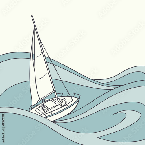 Illustration of a sailboat sailing on the sea with waves, the boat is white with black outline and the waves are blue