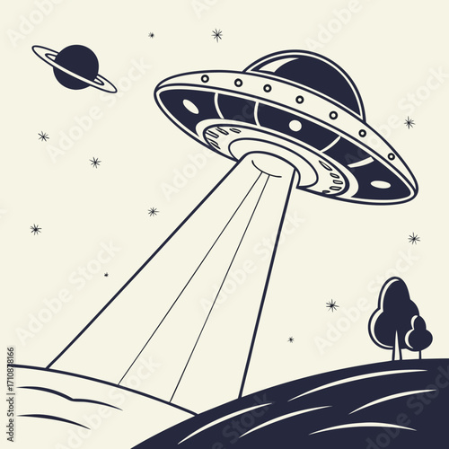 Illustration of a ufo beaming light over a landscape with a planet, showcasing science fiction and extraterrestrial themes in a minimalist design