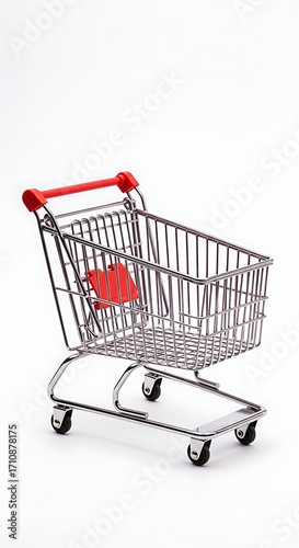 Shiny metal shopping cart with bright red handle and tag for retail and commerce concepts