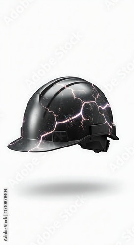 Striking black hard hat with vibrant lightning cracks symbolizes innovation and protection