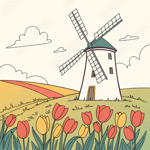 Vector art of a charming illustration of a traditional dutch windmill surrounded by vibrant tulips, set against a serene sky with fluffy clouds, evokes a sense of springtime bliss