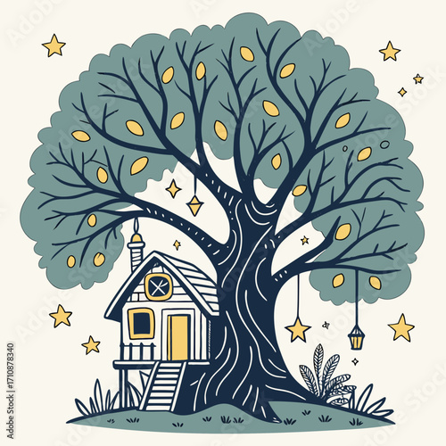 Vector art of a charming treehouse nestled in a whimsical tree adorned with stars and lanterns, creating a magical and inviting scene