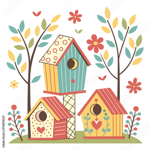 Vector art of a charming illustration of colorful birdhouses surrounded by blooming flowers and lush trees, creating a whimsical and inviting scene