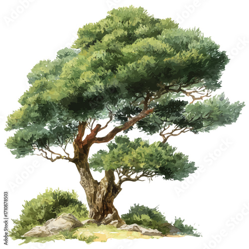 Watercolor vector illustration of Juniper Tree, isolated on white background.